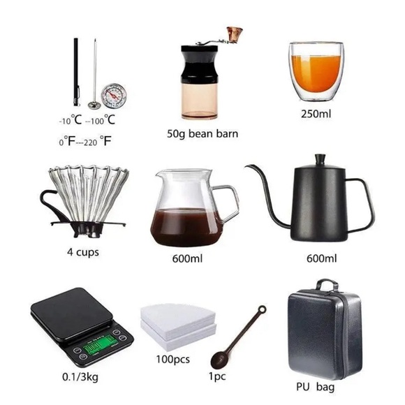 WEEILYAM 9-Piece Travel Coffee Gift Set with Goose Neck Kettle Digital Scale NEW - Picture 5 of 7